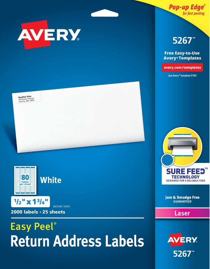 Avery Mailing Address Labels,Laser Printers, 2,000 Labels,1/2x1-3/4,Permanent Adhesive,Easy Peel,5 Packs(5267) - Image 1